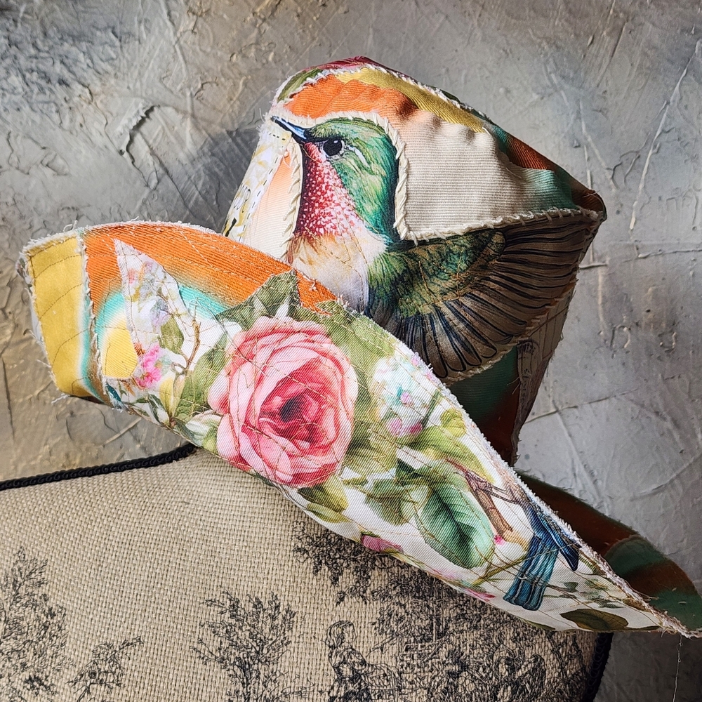 Tophat Stovepipe Boho Hat Rose Botanical Bird Patched European Cotton Cottage